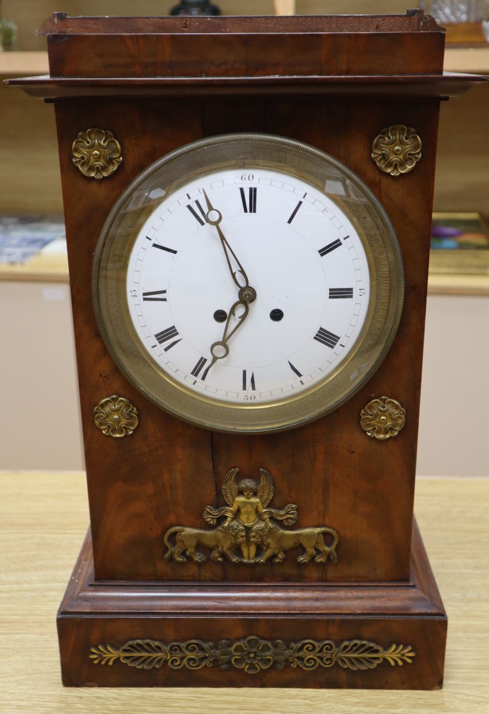 A French mantel clock, convex enamelled dial, Japy Freres bell-striking movement, with gilt brass mounted, height 48cm